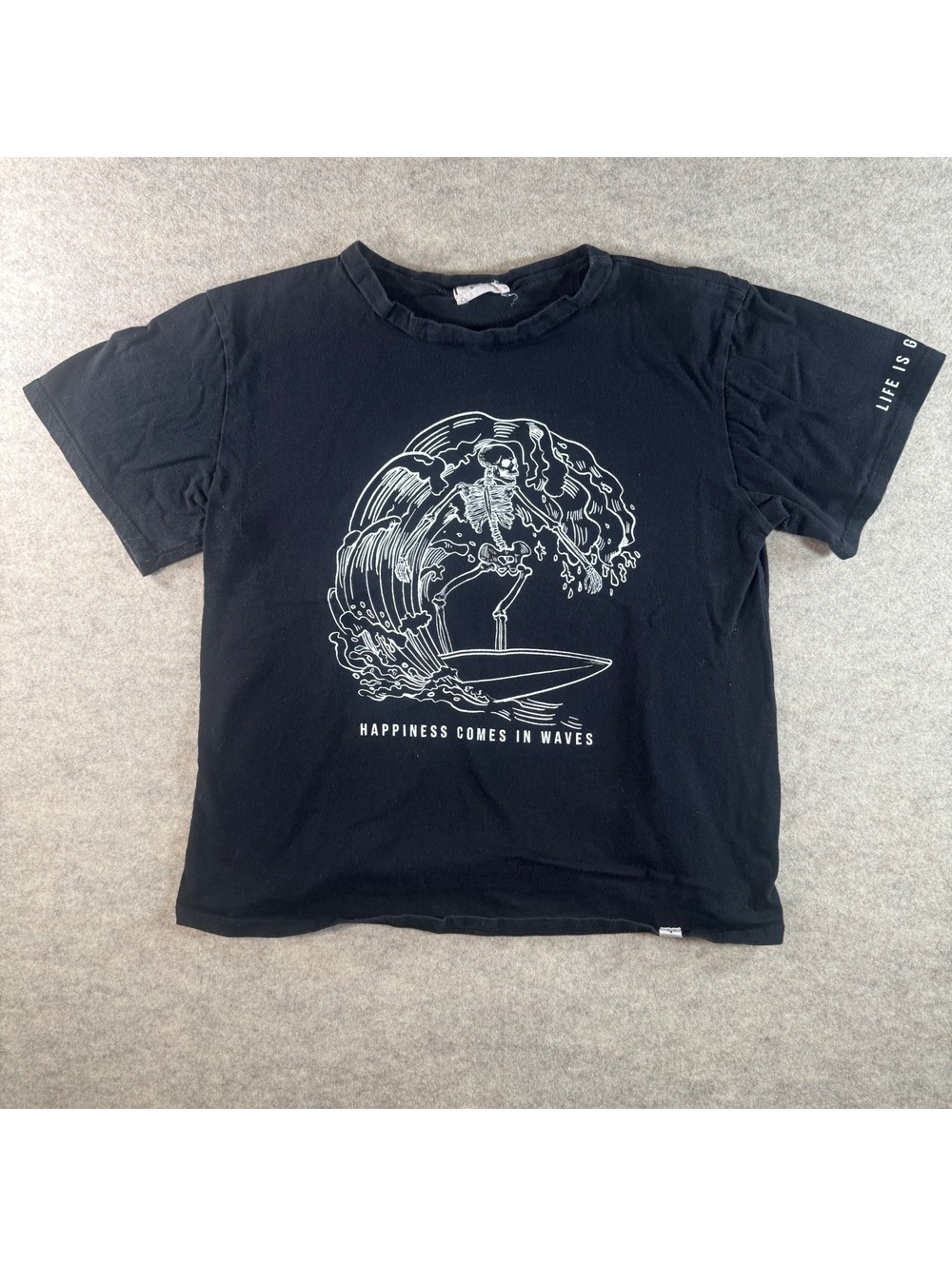 Local Lib Black Graphic T-Shirt with Skeleton Surfing Wave Design